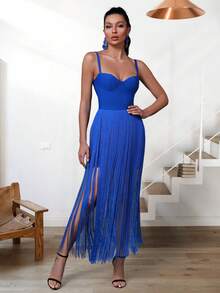 流蘇邊緊身吊帶洋裝 - 寶藍色 - 查看 6