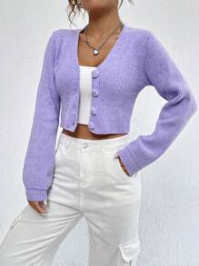 SHEIN Qutie Đồ đan Ribbed Nút phía trước Cắt sửa áo lông cừu - Màu Lilac Tím - Xem 5