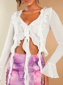 SHEIN BAE Ruffle Trim Flare Sleeve Knot Front Crop Blouse - White - View 7
