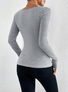 SHEIN Frenchy Camiseta De Punto Con Cuello Cuadrado Y Tejido Acanalado - Gris - Ver 2