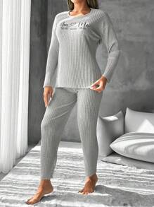 EURMUSE Letter Graphic Drop Shoulder Tee & Pants Lounge Set - Light Grey - View 3