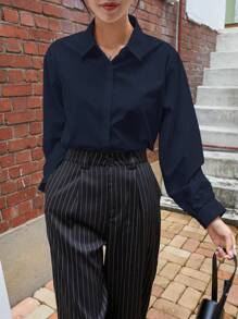 DAZY 女士休闲商务风格纯色宽松长袖翻领衬衫，秋季服装 - 藏蓝色 - 查看 4