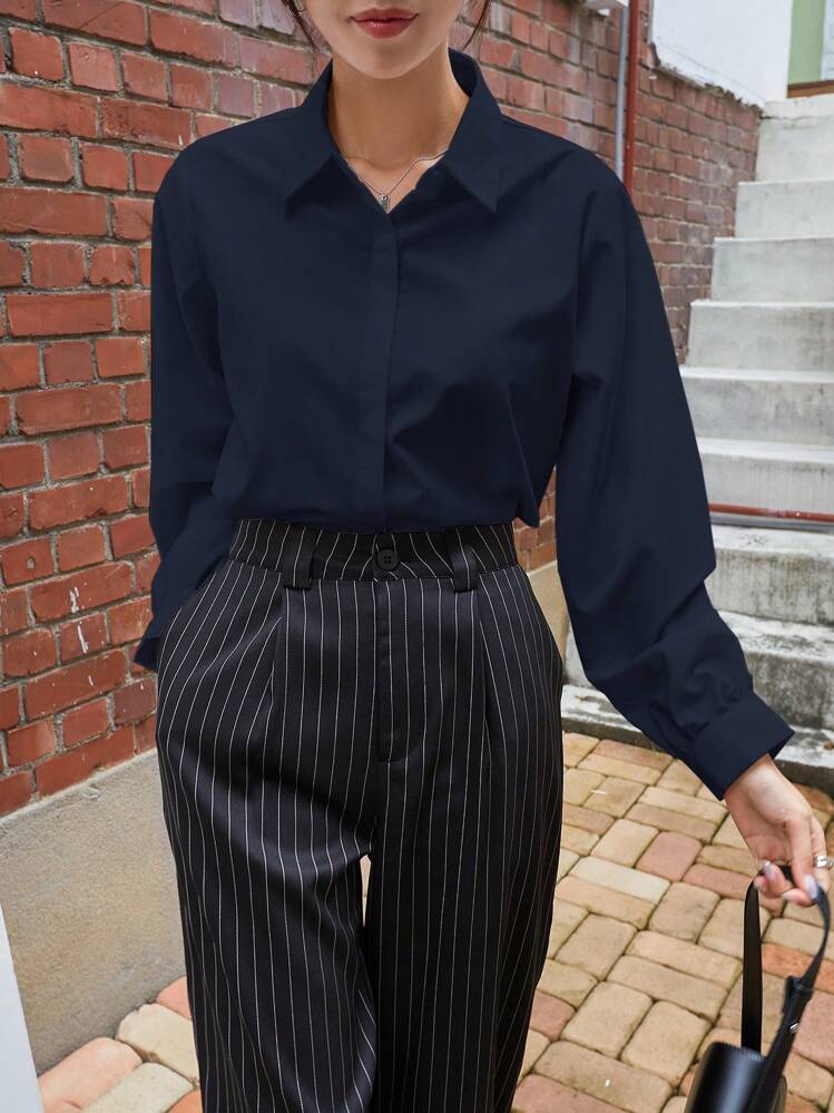 DAZY 女士休闲商务风格纯色宽松长袖翻领衬衫，秋季服装 - 藏蓝色 - 查看 4