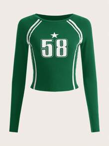 SHEIN EZwear Ngôi sao & Đồ họa Chữ cái Tay Raglan Áo thun - màu xanh lá - Xem 1