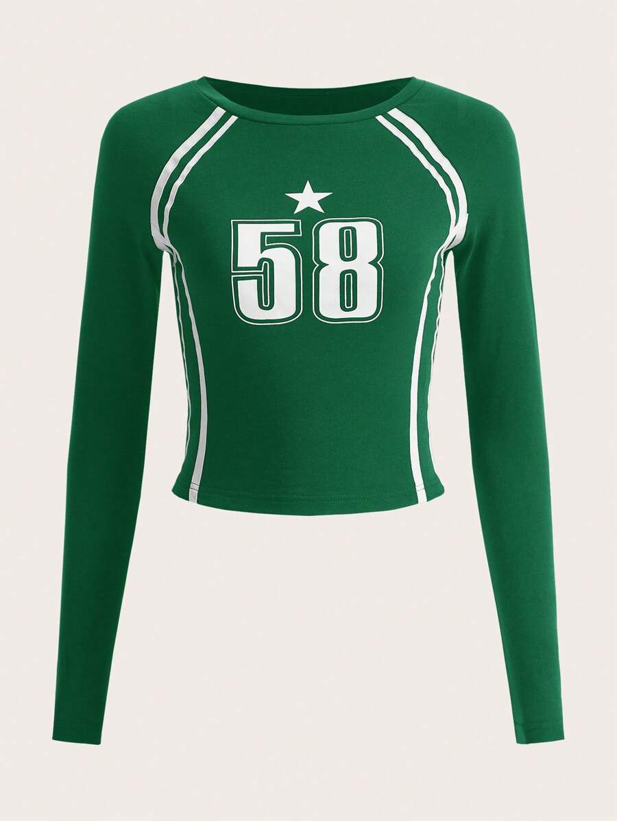 SHEIN EZwear Ngôi sao & Đồ họa Chữ cái Tay Raglan Áo thun - màu xanh lá - Xem 1