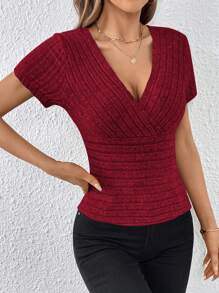 SHEIN Essnce Surplice Neck Ribbed Knit Tee - Burgundy - View 6
