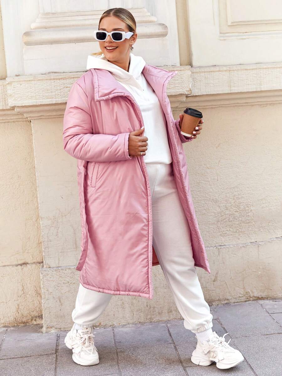 RueChic Plus Snap Button Belted Winter Coat - Pink - View 1