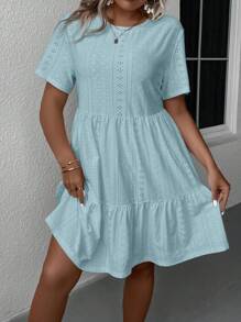 SHEIN LUNE Plus Eyelet Embroidery Ruffle Hem Smock Dress - Blue - View 3