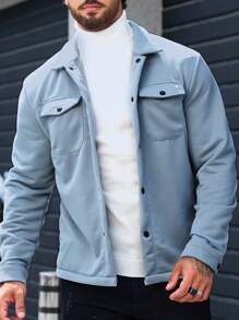 Manfinity Homme Nam Chất rắn Túi có nắp Nút Lên Áo khoác kiểu sơ mi - Xám - Xem 4