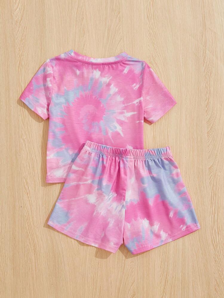 Young Girl Tie Dye Letter Graphic Twist Hem PJ Set