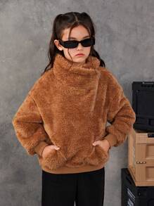 SHEIN Cô gái Tween Vạt trước một nửa khóa kéo Túi kangaroo Thả vai Teddy Áo nỉ - màu nâu - Xem 1