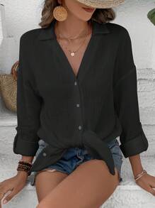 SHEIN Frenchy Chất rắn Nút phía trước Thả vai Áo sơ mi - màu đen - Xem 3
