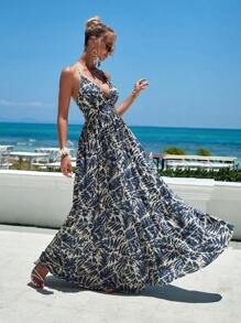 SHEIN VCAY Tropical Print Crisscross Backless Cami Dress - Dusty Blue - View 6