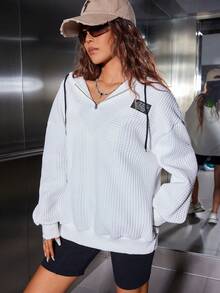 SHEIN Unity Letter Patched Drop Shoulder Drawstring Hoodie - White - View 4