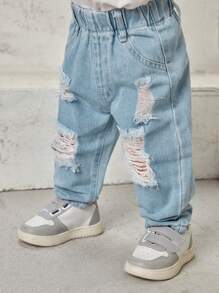 Baby Girl Solid Ripped Straight Leg Jeans - Light Wash - View 5