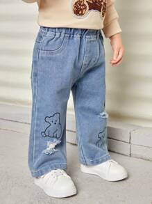 女嬰卡通圖案破洞直筒牛仔褲 - 淺色水洗藍 - 查看 3