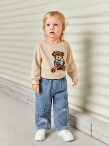 女嬰卡通圖案破洞直筒牛仔褲 - 淺色水洗藍 - 查看 5