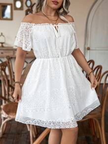 Calvaya Hơn Off Shoulder Nút phía trước Ren Đầm - trắng - Xem 4