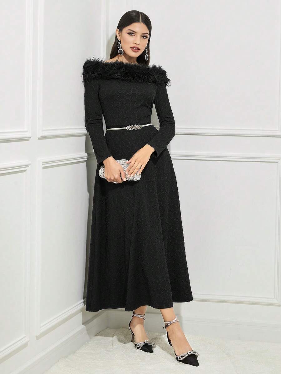 Modelyn Off Shoulder Fuzzy Trim Glitter Dress Without Belt - Black - View 1
