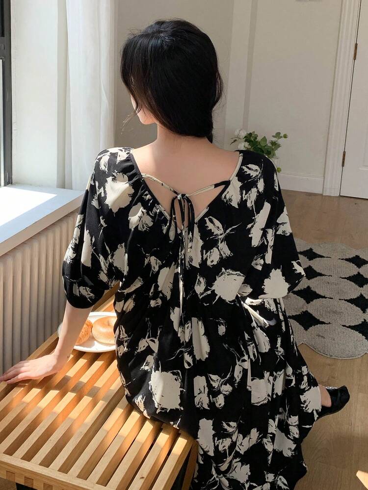 DAZY Allover Floral Print Night Dress - Black - View 2