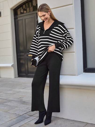EURMUSE Striped Pattern Bishop Sleeve Sweater & Knit Pants