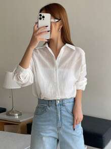 DAZY 净色落肩纽扣前开襟长袖衬衫 - 白色 - 查看 3