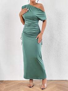 Chiquease Cổ không đối xứng Viền ven Đầm - màu xanh lá - Xem 5