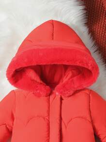 Baby Girl Button Front Ruffle Hem Hooded Padded Coat - Red - View 3