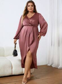 SHEIN Clasi Plus Lantern Sleeve Wrap Hem Dress - Brown - View 3