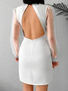 EURMUSE Contrast Mesh Puff Sleeve Backless Bodycon Dress - White - View 4