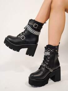 女性時尚扣環和鏈子裝飾的朋克風摩托車靴,適合秋冬季節 - 黑色 - 查看 7