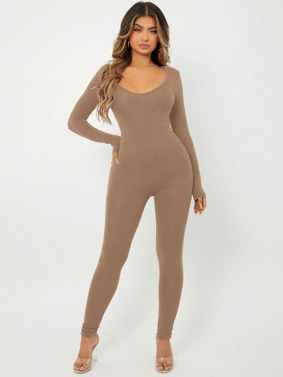 SHEIN SXY Solid Scoop Neck Unitard Jumpsuit - Mocha Brown - View 1
