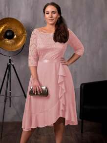 MIUSOL 大碼上身蕾絲荷葉邊酒會擺裙 - 粉色 - 查看 1