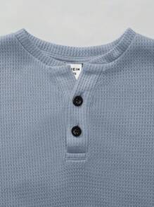 SHEIN 兒童男童純色半開襟 Polo 長袖 T 恤 - 藍色 - 查看 3