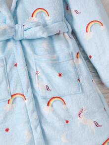 Young Girl Rainbow & Cloud Print Hooded Belted Flannel Robe - Baby Blue - View 5
