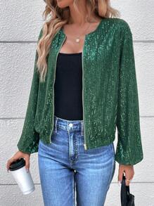 SHEIN Frenchy Dây kéo Kim sa Áo khoác - màu đen - Xem 4