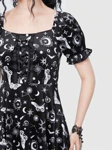 ROMWE Goth Galaxy Print Tie Front Puff Sleeve Dress - Black and White - View 6