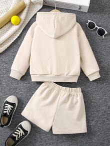SHEIN Young Girl Letter Graphic Zip Up Drop Shoulder Drawstring Hoodie & Shorts - Khaki - View 2