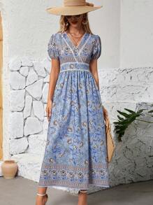 Floral Print Puff Sleeve Dress - Blue - View 1