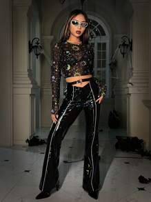 SHEIN ICON Halloween Reflective Y2k Galaxy Print Crop Mesh Top Without Bra - Multicolor - View 4