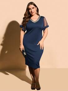 SHEIN Clasi 大碼拼接網紗袖亮片拼接洋裝 - 藏蓝色 - 查看 3