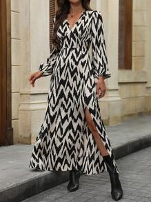 Chiquease Sukienka maxi z nadrukiem w całości, rękawami w kształcie latarni, rozcięciem na udzie, damska