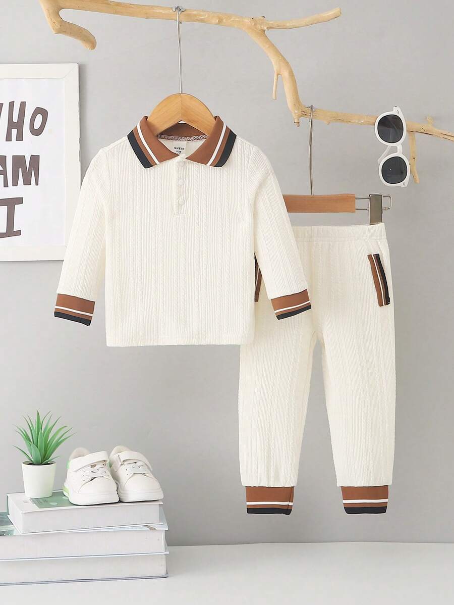 SHEIN Fall/Winter New Arrival Casual Baby Boy Collared Top & Bottoms Set