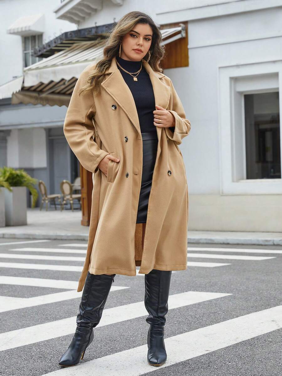 SHEIN Essnce Plus Double Breasted Belted Overcoat - Khaki - View 1