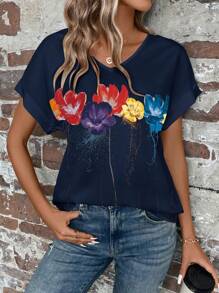 EMERY ROSE Floral Print Batwing Sleeve Blouse - Navy Blue - View 4