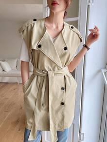 DAZY 雙排釦腰帶背心風衣外套 - 卡其色 - 查看 4