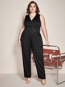 BizChic Plus Button Front Vest Blazer & Pants