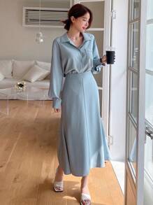DAZY Thả vai Áo sơ mi & Cao eo Váy - Màu xanh lam - Xem 4