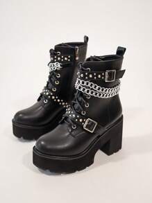 女性時尚扣環和鏈子裝飾的朋克風摩托車靴,適合秋冬季節 - 黑色 - 查看 6