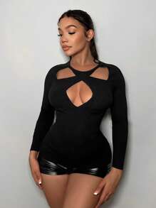 SHEIN SXY 前鏤空十字交叉套頭毛衣 - 黑色 - 查看 1